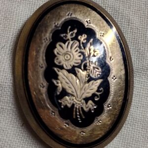 Gold and Black Floral Oval Pendant